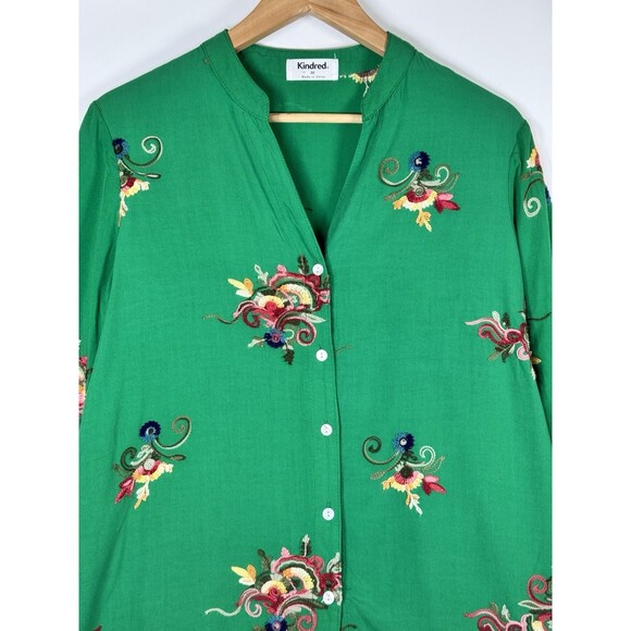Kindred Anthropologie Blouse Womens Medium Kelly Green Embroidered Floral Boho - Picture 2 of 13